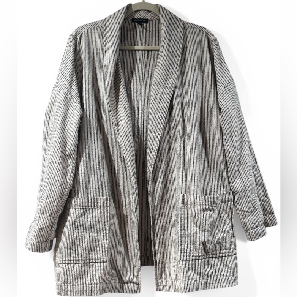 Eileen Fisher Organic Cotton Striped Kimono Jacket L/XL Minimalist Open Cardigan